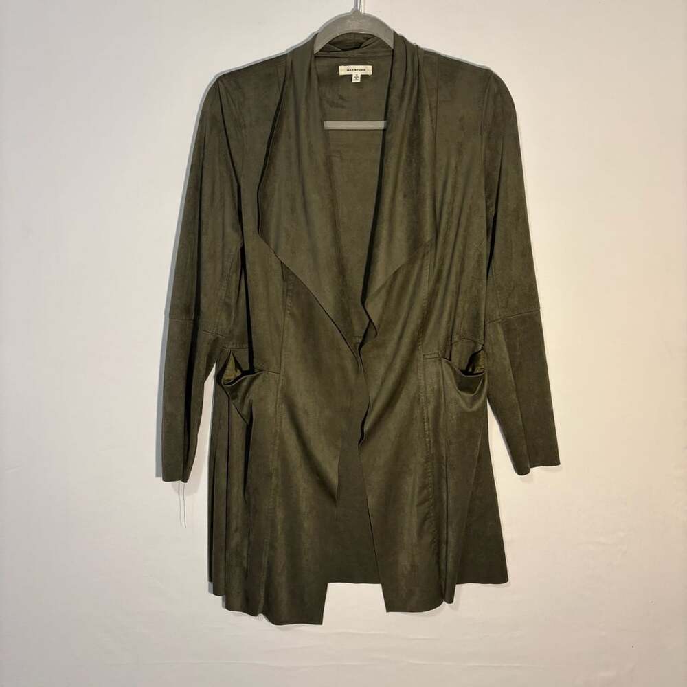 Max Studio Open Front Jacket Size S Olive Green Faux Suede Draped Topper